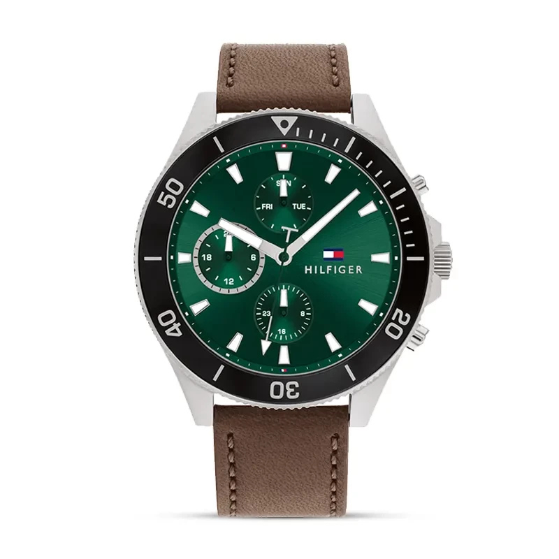 Tommy Hilfiger Larson Chronograph Green Dial Brown Leather Strap Watch ...